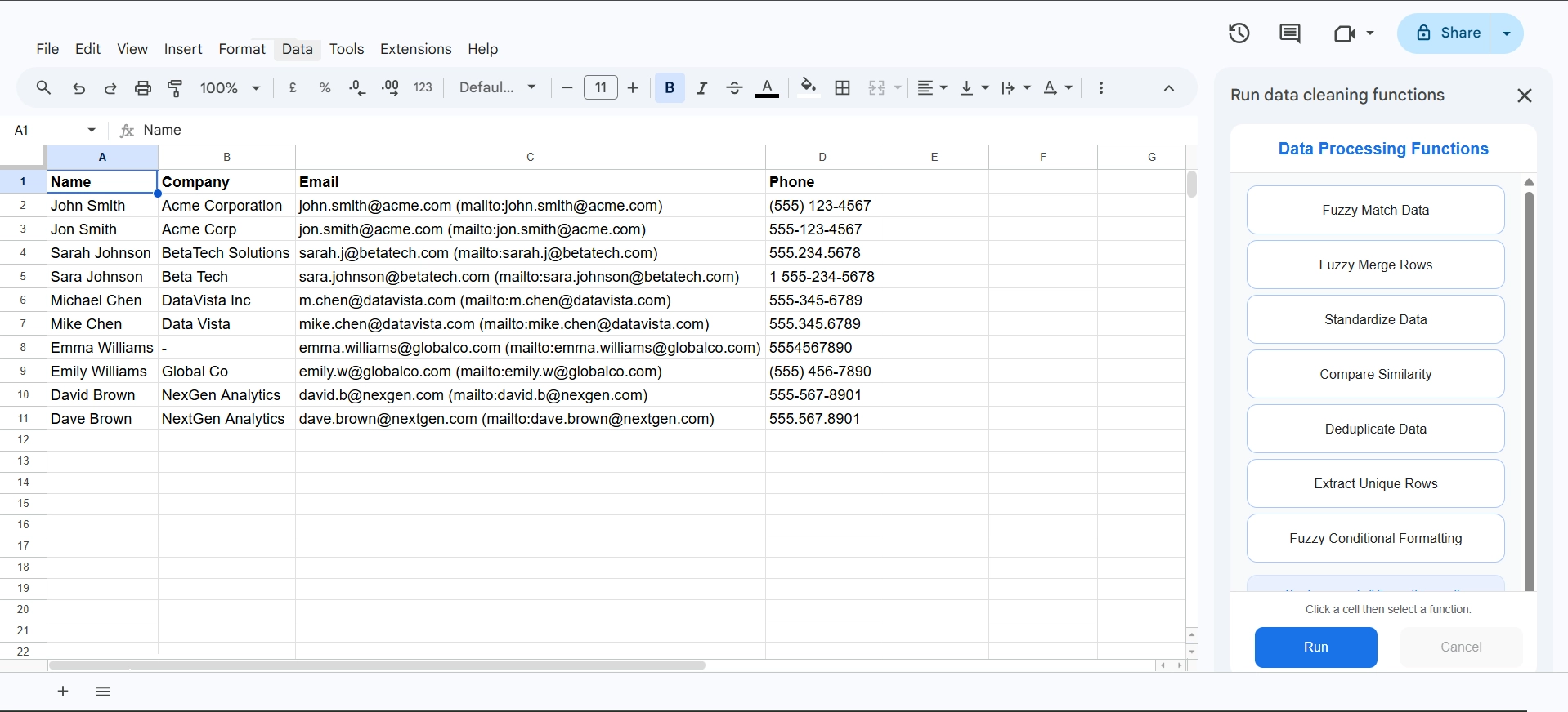 Flookup Data Wrangler sidebar open in Google Sheets showing fuzzy matching and data cleaning tools